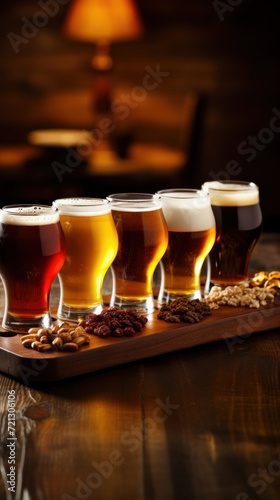 Glasses with different sorts of craft beer on wooden tray. Table for company of friends. Crispy snacks and different types of beer in glasses on wooden background, close up