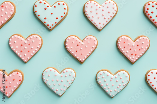 Heart shaped cookie. Delicious looking beautiful cookie with icing and sprinkle, concept: Valentine's Day, Women's day, Mother's Day gift. Pink and blue pastel background.