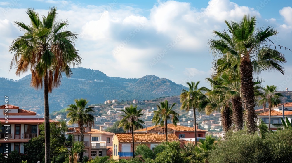 Urban landscape with palm trees in the foreground, residential buildings, and a mountain backdrop under a partly cloudy sky, in a coastal Mediterranean town during summer