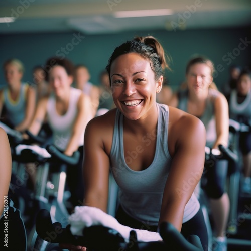 Fit people working out at spinning class in the gym  cycling a bike at gym  cardio training  exercising legs  wearing sports tights and top. Group of smiling friends at gym 