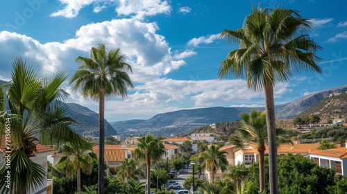 Urban landscape with palm trees in the foreground  residential buildings  and a mountain backdrop under a partly cloudy sky  in a coastal Mediterranean town during summer