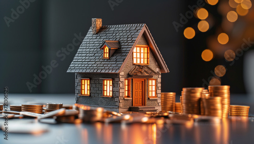 Miniature House with Coins, Concept of Earning in Real Estate Investment