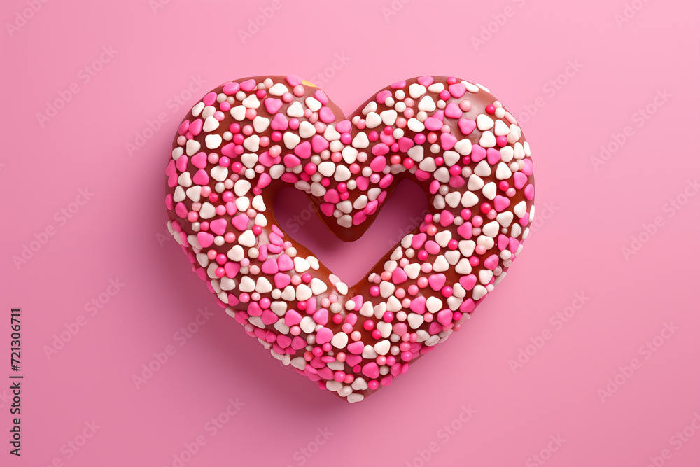 Heart shaped donut. Delicious looking beautiful donut with icing and sprinkle, concept: Valentine's Day, Women's day, Mother's Day gift. Pink and blue background.