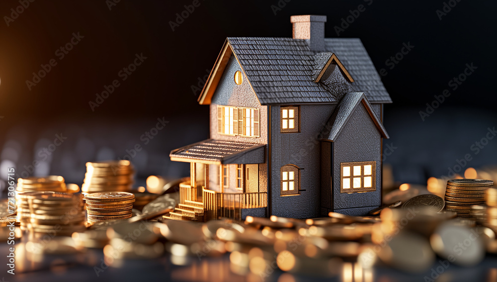 Miniature House with Coins, Concept of Earning in Real Estate Investment Miniature House with Coins, Concept of Earning in Real Estate Investment