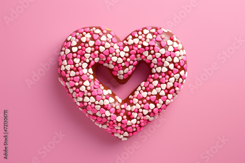 Heart shaped donut. Delicious looking beautiful donut with icing and sprinkle, concept: Valentine's Day, Women's day, Mother's Day gift. Pink and blue background.