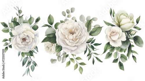 Watercolor floral illustration set. White flowers, green leaves individual elements collection. Rose, peony, eucalyptus. For bouquets, wreaths, wedding invitations, anniversary, birthday, prints © Orxan