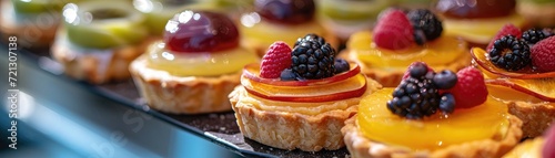 Elegant display of gourmet fruit tarts and savory quiches in a high-end patisserie, with a focus on the flaky crusts and vibrant fillings photo