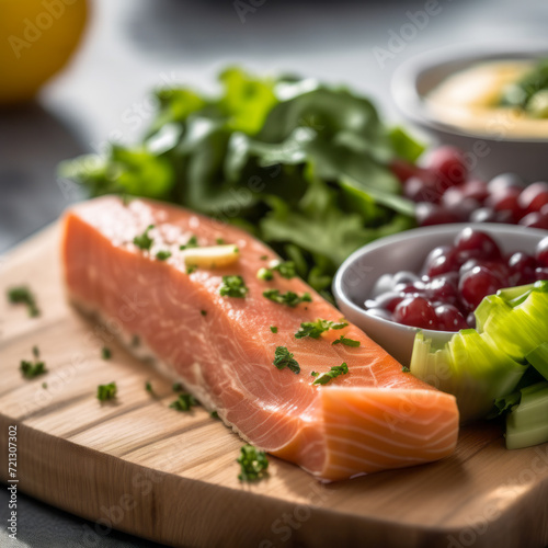 salmon and vegetable on a wooden cutting table