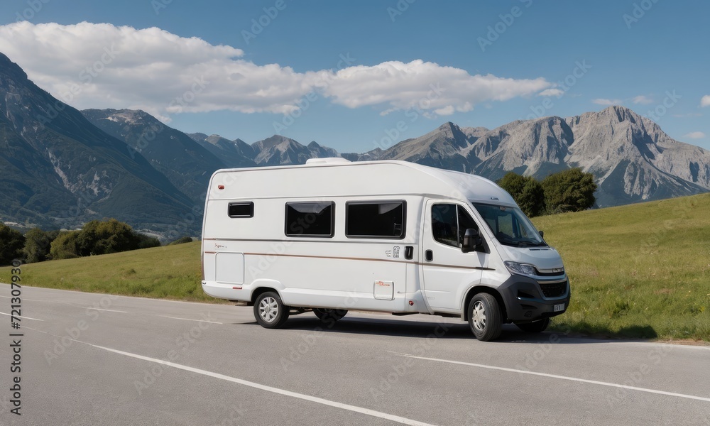  Freedom on Wheels: A Tranquil Journey with a White Camper on a Scenic Road – Embrace the Open Road and Create Your Adventure