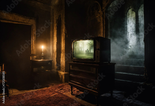 A TV in the living room of an abandoned house and an image on the screen. It's an eerie environment.
