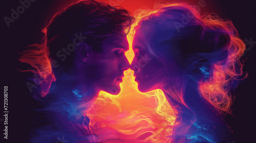 silhouettes of a man and a woman with their noses almost touching, in heat map style or neon lines