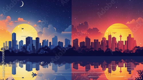 illustration with modern minimalist design. stylized landscape with equal stripes of night and day sky symbolizing the equinox.
