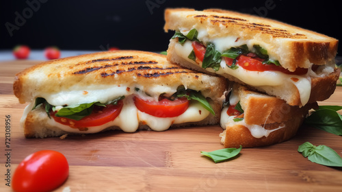 Grilled cheese sandwich with mozzarella, tomatoes, and fresh basil.