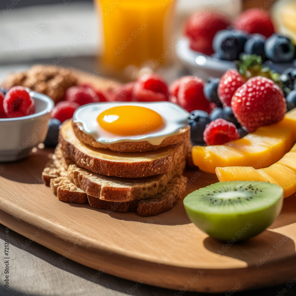A wholesome breakfast spread includes eggs presented on a wooden board.
A wholesome breakfast spread includes eggs presented on a wooden board.