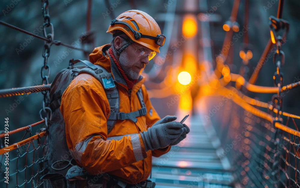 On the newly completed section of a suspended walkway, an engineer checks the tension integrity of the long-span cables. On the newly completed section of a suspended walkway, an engineer checks the tension integrity of the long-span cables.