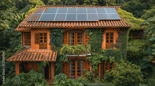 Solar panels on the roof of a house, the era of clean energy from the sun, help reduce global warming