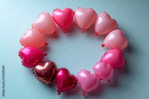 Aerial view of heart balloons arranged in a circular pattern with a copyspace center