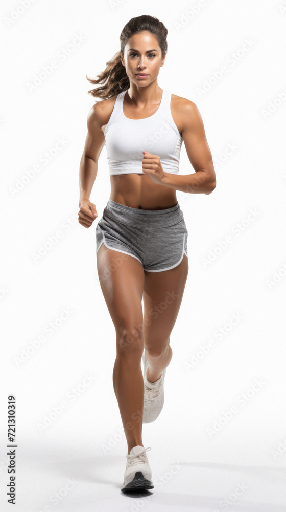 Full length portrait of a sporty young woman running on white background Full length portrait of a sporty young woman running on white background