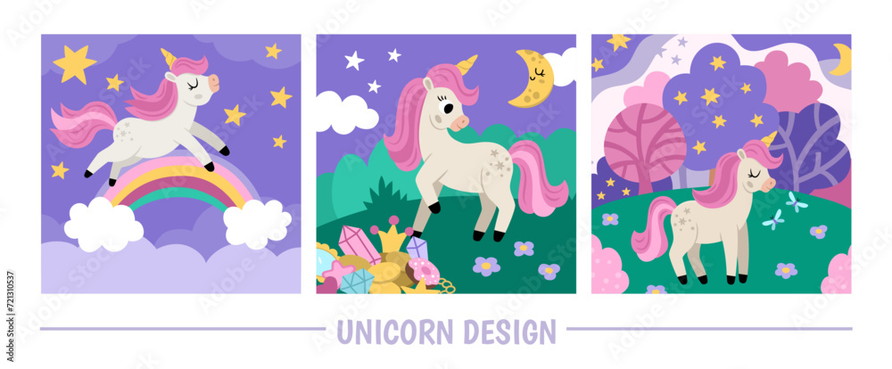 Vector purple unicorn scenes set. Square pink backgrounds collection with little horse. Fantasy world illustrations with rainbow, magic forest, half moon, cloud, treasures. Fairytale landscape for kid