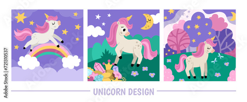 Vector purple unicorn scenes set. Square pink backgrounds collection with little horse. Fantasy world illustrations with rainbow, magic forest, half moon, cloud, treasures. Fairytale landscape for kid