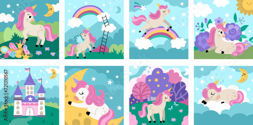 Vector unicorn scenes set. Square backgrounds collection with little horse. Fantasy world illustrations with rainbow, castle, magic forest, half moon, cloud, garden. Fairytale landscape for kids .