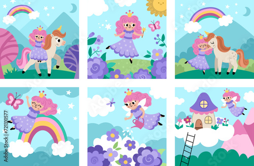 Vector fairy scenes set. Square backgrounds collection with little princess. Magic or fantasy world illustrations with girl, unicorn, rainbow, cottage on cloud. Fairytale landscape for kids .