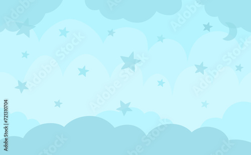 Vector blue abstract background with cloud and star. Magic or fantasy world scene with place for text. Cute fairytale horizontal nature landscape for card, social media. Night sky illustration for kid