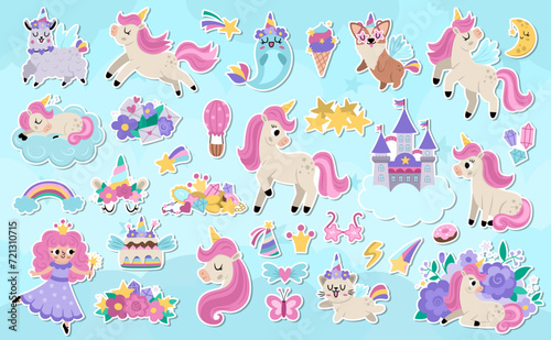 Big vector unicorn stickers set. Fairytale patch icon collection with funny fairy princess, rainbow, castle, falling star. Cute flat magic fantasy world offset illustrations on blue background