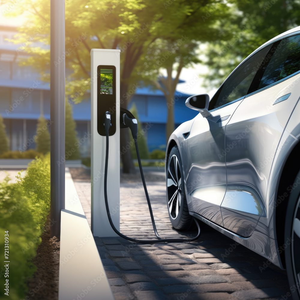 A close-up view of an electric car charging its batteries. outdoor nature background A close-up view of an electric car charging its batteries. outdoor nature background