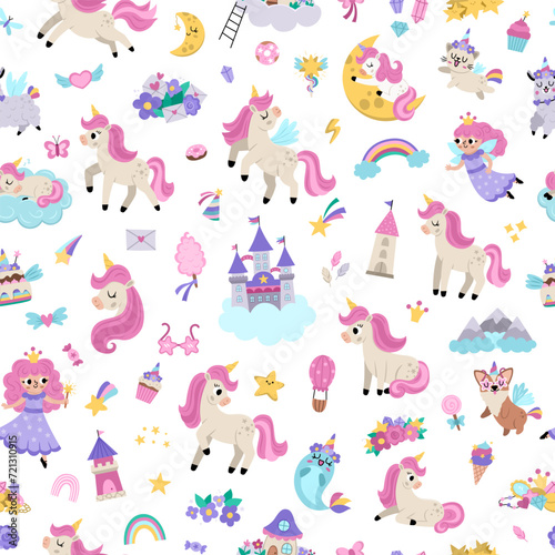 Fototapeta Naklejka Na Ścianę i Meble -  Vector unicorns seamless pattern. Repeat background with fairytale characters, fairy, animals with horns, castle on cloud, rainbow, falling stars, crystals, sweets. Fantasy world digital paper.
