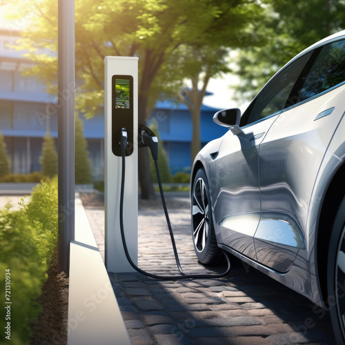 A close-up view of an electric car charging its batteries. outdoor nature background