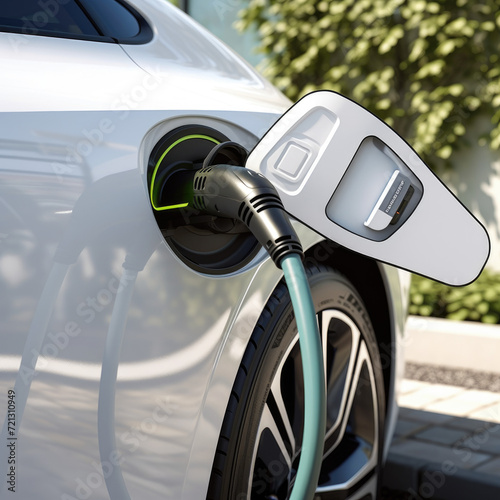 A close-up view of an electric car charging its batteries. outdoor nature background