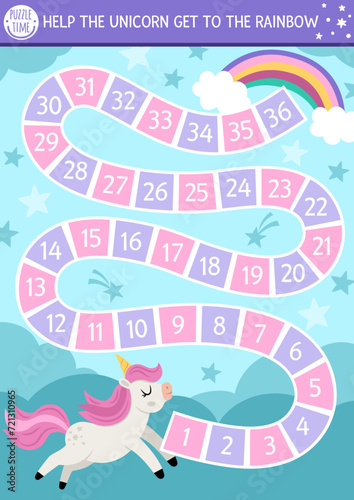 Unicorn simple dice board game for children with cute rainbow and falling stars. Fairytale boardgame with fantasy animal, sky background, clouds.  Magic world printable activity or worksheet .