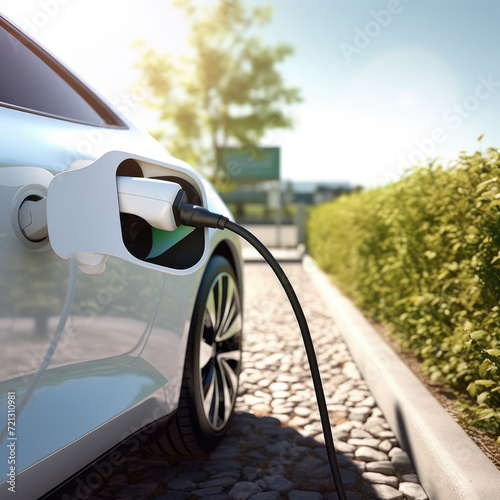 A close-up view of an electric car charging its batteries. outdoor nature background © Lalita