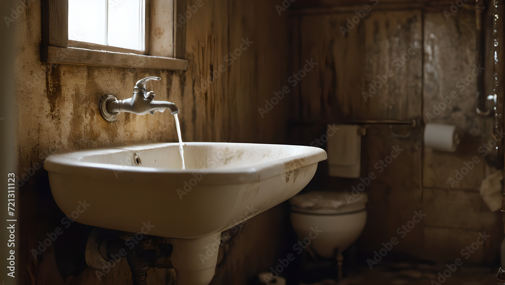 a filthy bathroom in the backwoods, water is running from faucets on the wall a filthy bathroom in the backwoods, water is running from faucets on the wall