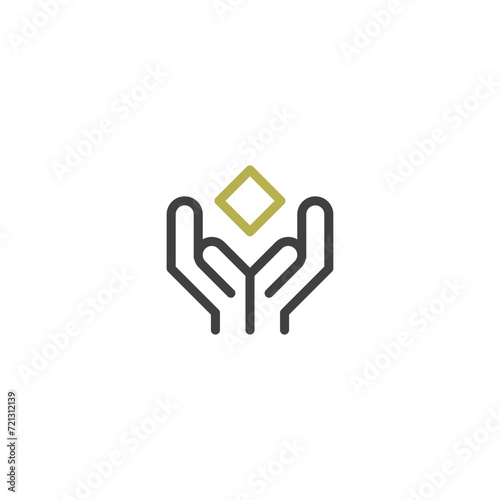 Two hand logo in line art with square shape in dark grey and gold color