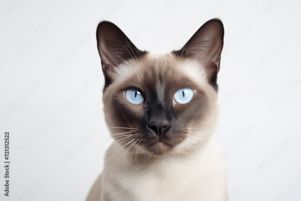 Siamese Cat with Striking Blue Eyes on White Background