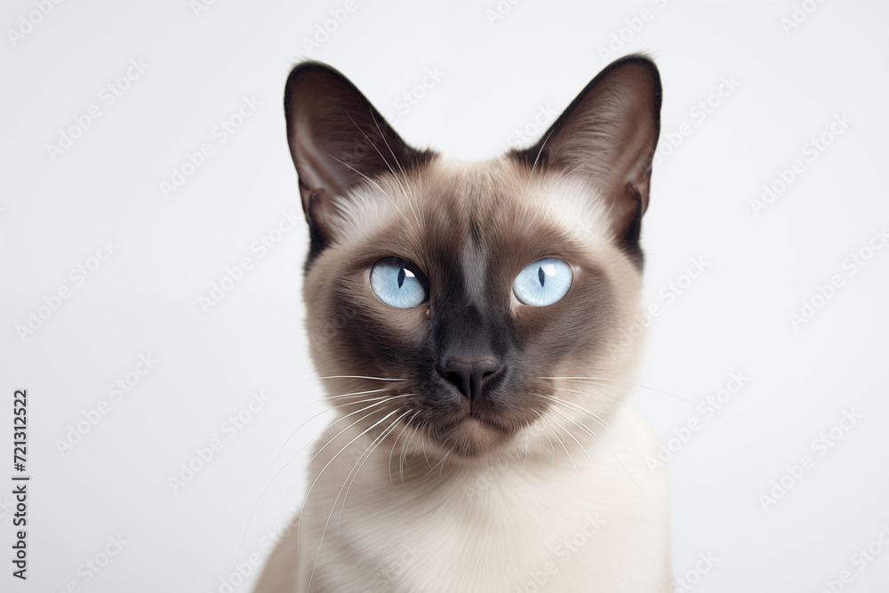 Siamese Cat with Striking Blue Eyes on White Background Siamese Cat with Striking Blue Eyes on White Background
