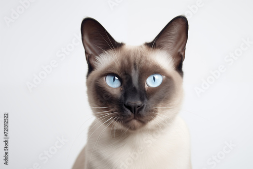 Siamese Cat with Striking Blue Eyes on White Background