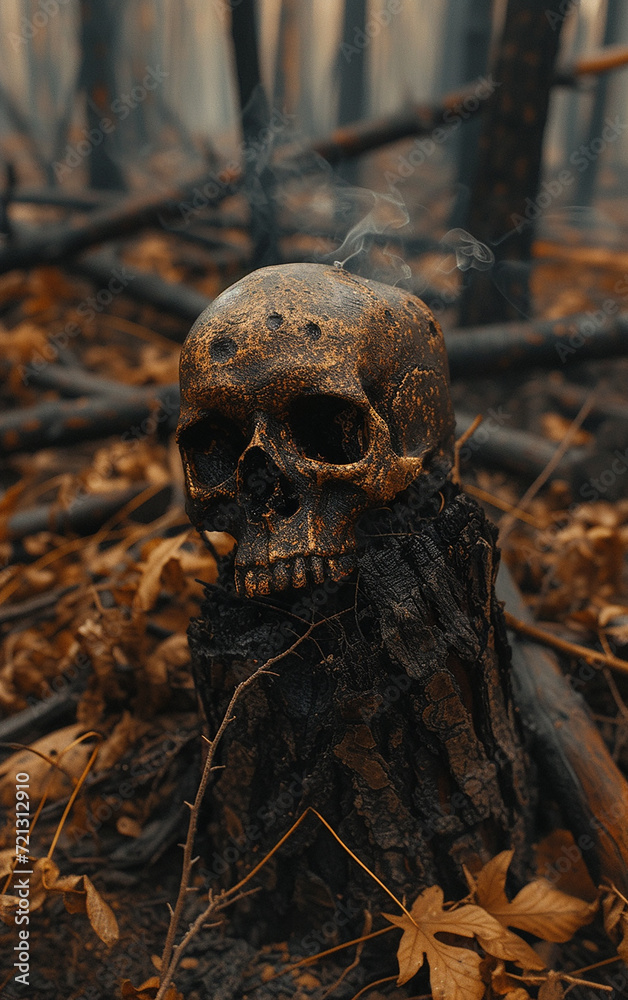 
crânio na floresta devastada com árvores queimadas secas, tocos com fumaça