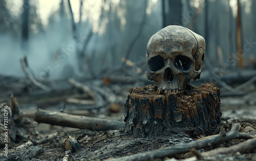  crânio na floresta devastada com árvores queimadas secas, tocos com fumaça