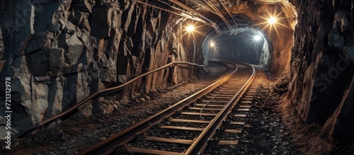 Underground mining using rail tracks.