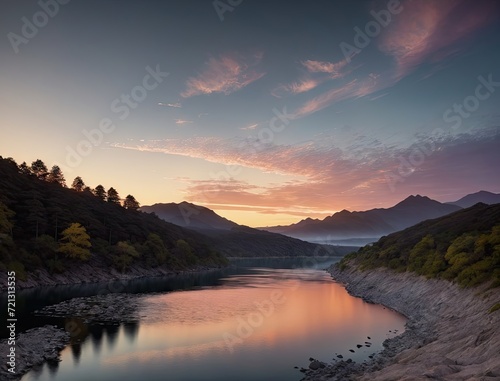 incredibly beautiful landscape with a mountain river. at sunrise