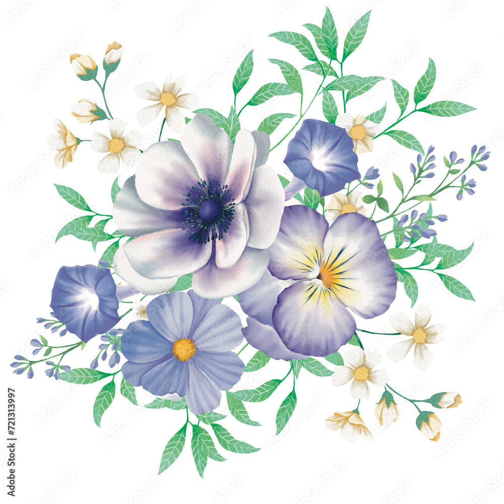 Obraz premium Watercolor Blue and white flowers and green leaf 