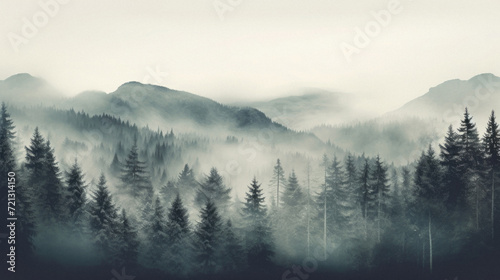 Panoramic view of misty forest in the Carpathian mountains