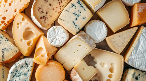 A compilation of different cheeses seamlessly placed for a gourmet and sophisticated food background