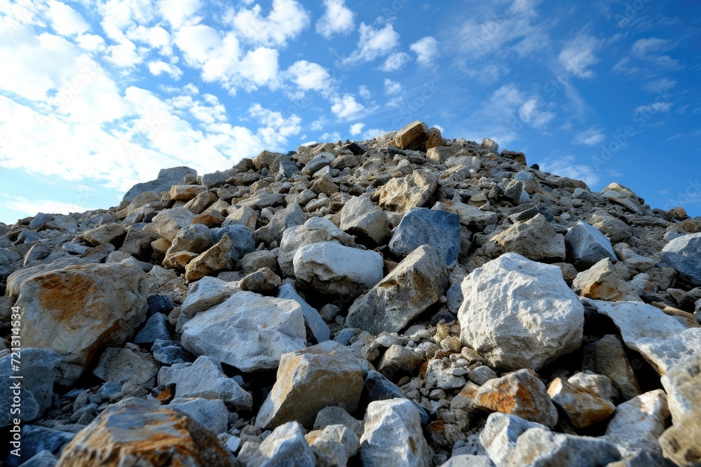 Industrial Rockpile: A Heap of Crushed Stone and Building Material Against a Blue Sky Background