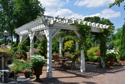 Cedar Wood Pergola in White Garden Patio - Outdoor Architecture and Structure