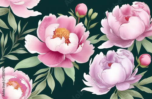 Peonies. Illustration of flowers with buds  flowers and leaves of peonies. Peonies for wedding invitation  card or poster.