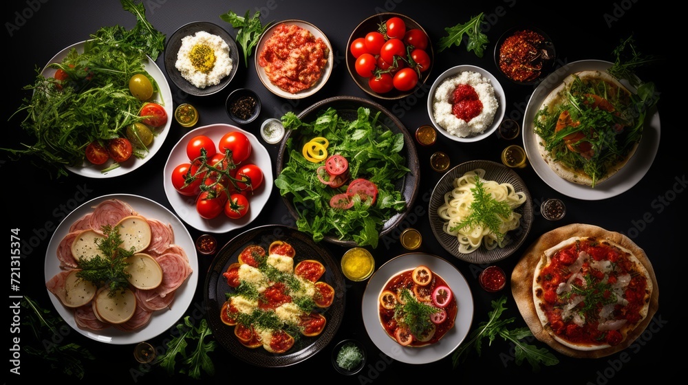 Top view of a full table of Italian dishes on plates: pizza, salads, vegetables, snacks on a black background.